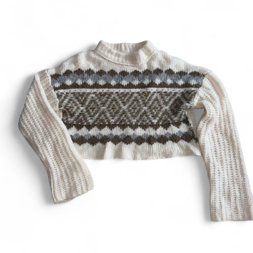 Free People wool blend Cream and Brown Isles Pattern Cropped High Neck Sweater